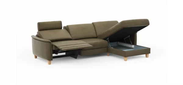 Ecksofa Mendoza - 2,5-Sitzer mit Longchair rechts, Relaxfunktion motorisch, Bettkasten, Leder, Braungrün – Bild 5