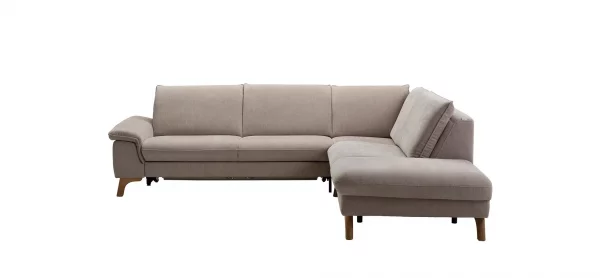 Ecksofa Tulsa KS - 2,5-Sitzer, Spitzecke und 1,5-Sitzer mit Anstellhocker aufklappbar rechts, inkl. Kopfstütze, AL verstellbar und Schlaffunktion, Stoff, Graubeige